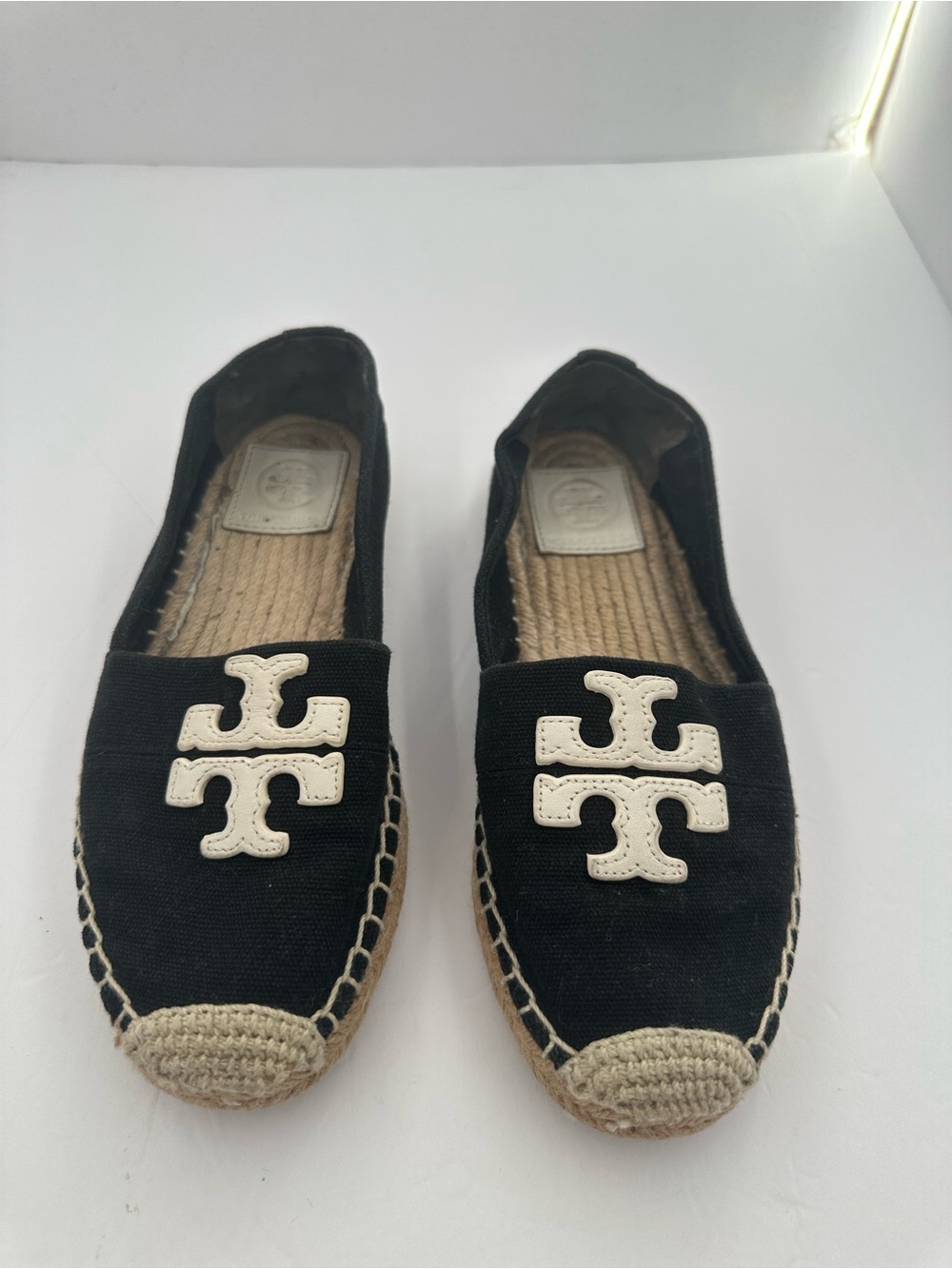 Tory Burch Black Canvas Espadrille Flats with Logo Size 5.5